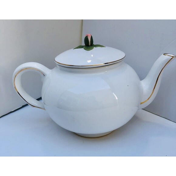 Teleflora Gift Peach Rose vintage Teapot Porcelain white with Gold Trim - Picture 7 of 9